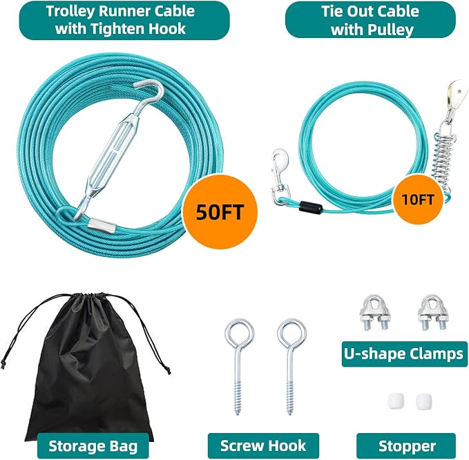 Dog Runner for Yard, Trolley System, 50FT+10FT, Blue | Chew-resistant Cable, Shock Spring Softens Pulls, 360° Swivel Reduce Tangles