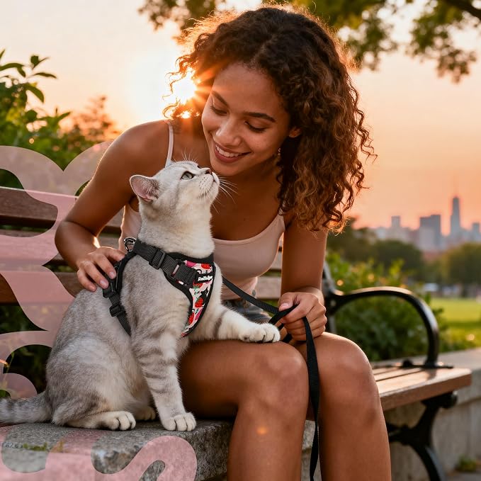 rabbitgoo Cat Harness and Leash Set, Escape Proof Vest, Berry Pounce | Soft Breathable Mesh, Easy Adjustable Fit, Snap Buckles, Sturdy Clip, Reflective Strips, for Kittens & Small Cats Walks, Xxs