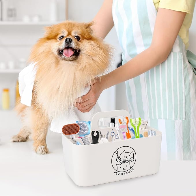 Minimalist White Dog Cat Grooming Supplies Organizer, Portable Caddy with 5 Compartments