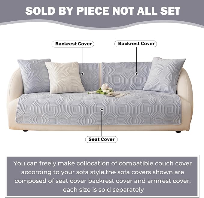 Soft Plush Geometric Quilted Couch Sofa Cover Boho Non Slip Fuzzy Sectional Couch Cover Solid Color Washable Sofa Slipcover Furniture Protector for Kids Dogs Cats (Gray,36"x102")