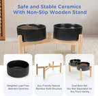 SPUNKYJUNKY Elevated Dog Bowls Ceramic, 7.3'' Dogs Food Water Bowls Raised with Non-Slip Bamboo Stand for Medium to Large Sized Breed Microwave Dishwasher Safe - 42 OZ,Black