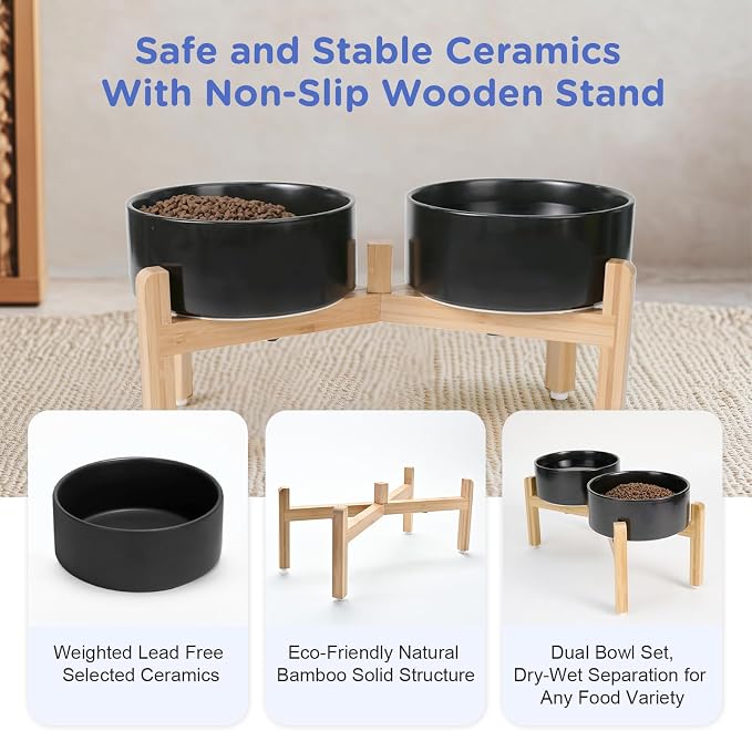 SPUNKYJUNKY Elevated Dog Bowls Ceramic, 7.3'' Dogs Food Water Bowls Raised with Non-Slip Bamboo Stand for Medium to Large Sized Breed Microwave Dishwasher Safe - 42 OZ,Black