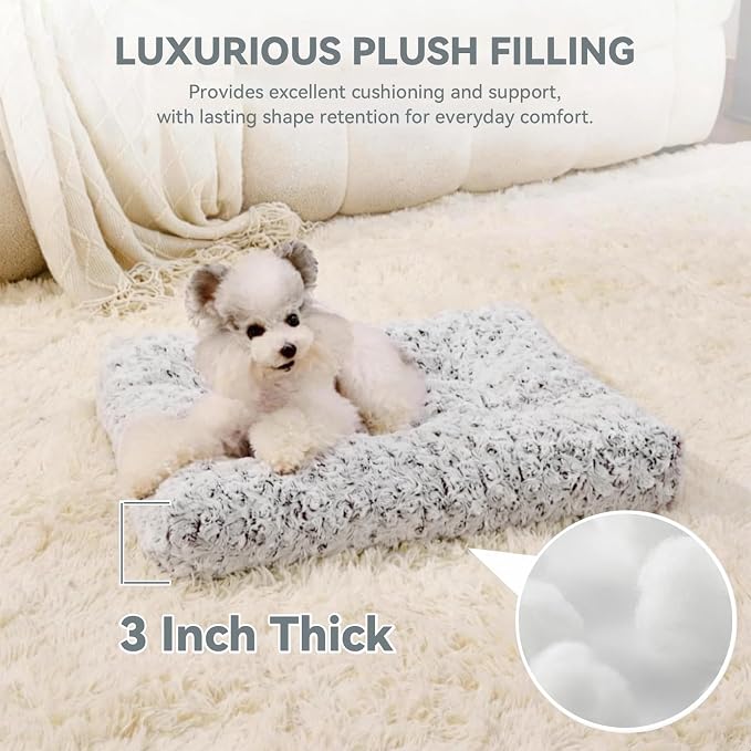 Orthopedic Dog Bed for Dogs, Calming Plush Dog Mat with Thick Cushion Support, Washable Fluffy Pet Bed with Non-Slip Bottom, Soft Indoor Dog Crate Bed (Gray, 23.0" L x 18.0" W x 3.0" Th)