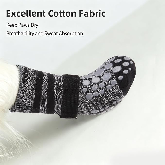 PUPTECK Anti-Slip Dog Socks with Double Sides for Small Medium Large Dogs Hardwood Floors Prevents Licking, Dog Shoes for Hot Pavement Traction Control Paw Protector for Senior Dogs, Striped Black XL