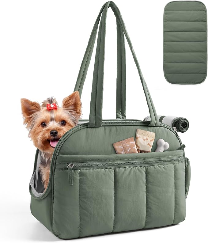 BAGSMART Dog Purse Carrier for Small Dogs Up to 15lbs Puppy Travel Tote Bag | Quilted Puffy Soft Sided Pet Handbag with Pockets, Collapsible Lightweight Portable Carrying with Safety Tether & Mat, Green