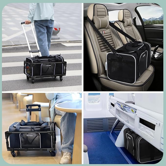 Petskd Small Pet Carrier 17"x11"x9.5" with Wheels Airline Approved, Black | for Alaska Airlines, Lockable Safety Zippers and Anti-Scratch Mesh, Pets Under 10 lbs