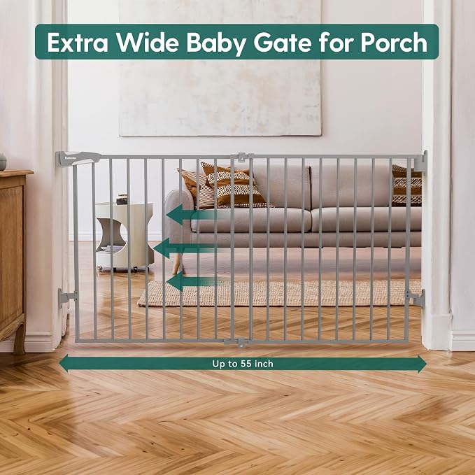 Babelio 31.5-55" Extra Wide No Bottom Bar Baby Gate, 28" H, Grey | Easy Install| One-handed Opening| Auto-close| Drill Needed Indoor Safety Dog/Pet Gate for Stairs, Hallways & Doorways