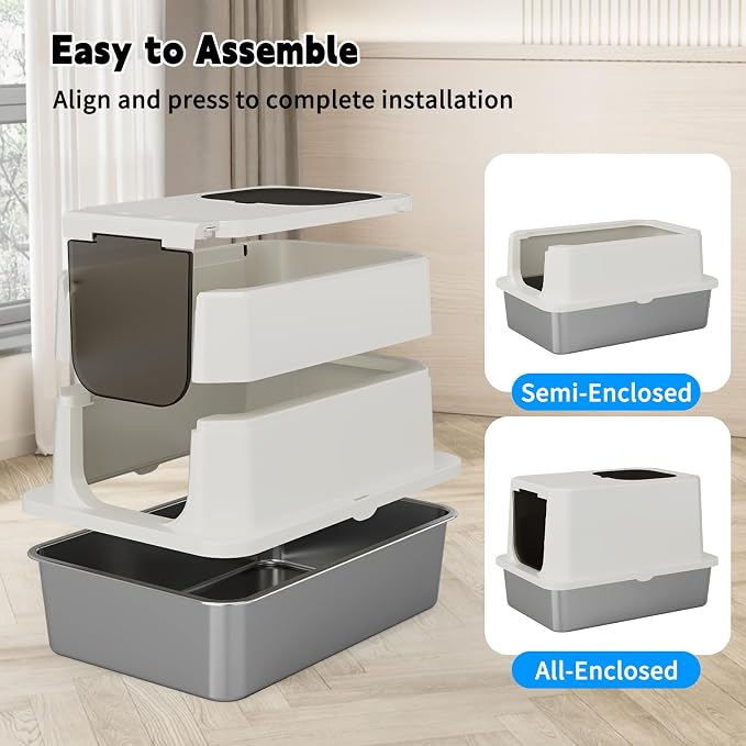 RIZZARI Stainless Steel Cat Litter Box: Dual Access, Hidden Pan, Easy Clean | Dual Front-Top Entry / Stainless Anti-Odor / Litter-Catch Pedal / Splash Guard Shield / Tool-Free Assembly / Compact Corner