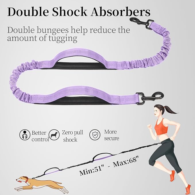 iYoShop Hands Free Dog Leash with Zipper Pouch, Dual Padded Handles and Durable Bungee for Walking, Jogging and Running Your Dog (Large, 25-120 lbs, Lavender)