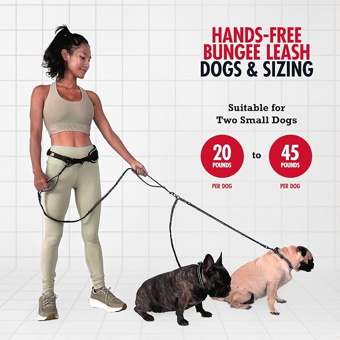 Tuff Pupper Heavy Duty Hands Free Dog Leash | Two Small/Medium Dogs Up to 90 lbs | Comfortable Shock Absorbing Bungee | Reflective Padded Handles | Lumbar Waist Belt 28-50" | Jogging Running Leash