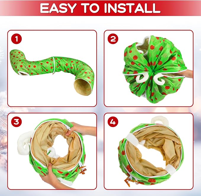 Hollowfly Christmas Cat Bed Tunnel 3ft x 3ft x 9.8in Lime Green Under Tree Cat Donut Tunnels for Indoor Kitten Plush Polka Dot Peekaboo Cave Toy Collapsible 3 Way Xmas Gifts for Small Kitty
