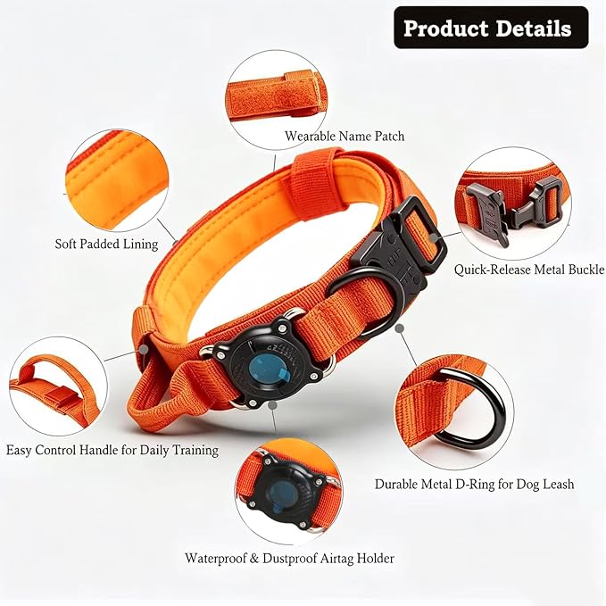 AirTag Dog Collar for Large Dogs Tactical Dog Collar with AirTag Holder | Upgrade Waterproof,Control Handle,Quick-Release Metal Buckle,1000D Nylon Fabric,Soft-Padded Webbing,Velcro Patch(Orange,XXL)