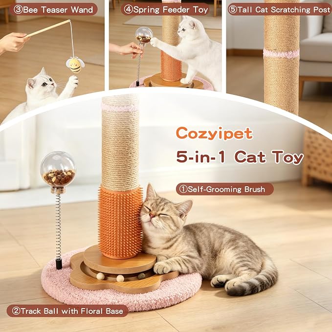 45" Tall Cat Scratching Post for Large Cats Adults | Grooming Brush, Track Ball, Spring Feeder & 3 Bee Toys, Sisal Rope Large Cat Scratcher Tree with Leaves for Indoor Cats, Pink