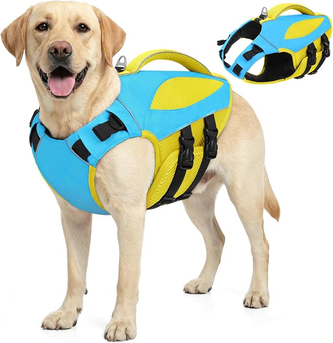 Dog Life Jacket, Reflective Dog Life Vest for Swimming, High Flotation Pet Swimminf Vest with Rescue Handle, Adjustable Pet Swimsuit Lifejacket for Medium Large Dogs, Blue Yellow L