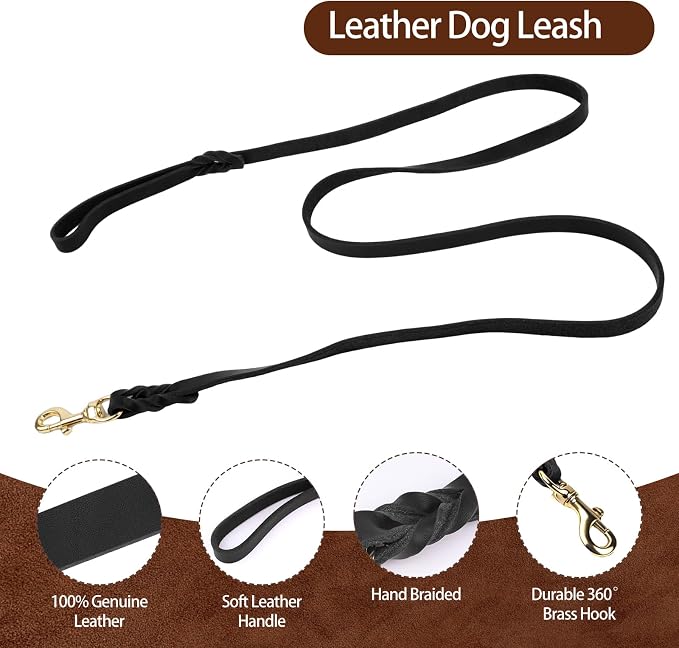 Leather Dog Collar and Leash Set, 6FT Heavy Duty Leather Training Leash with Adjustable Dog Collar, Soft and Durable Dogs Leashes and Collars Set for Small Medium Large Dogs (Black, XL)