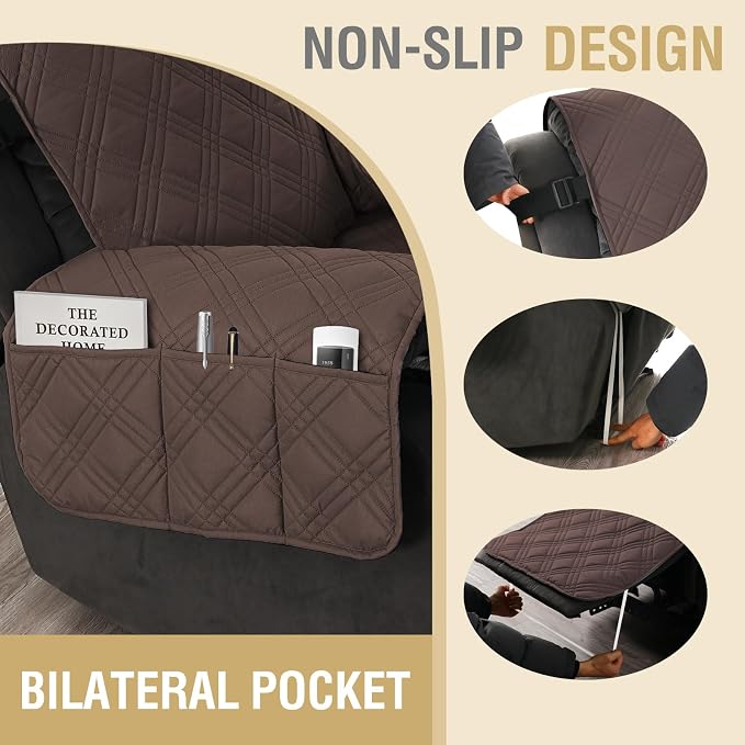 H.VERSAILTEX 100% Waterproof Reclining Couch Covers 1-Piece Reversible Recliner Chair Covers Furniture Protector with Elastic Straps for Pets Kids Sitting Width Up to 23" (Recliner, Brown/Beige)