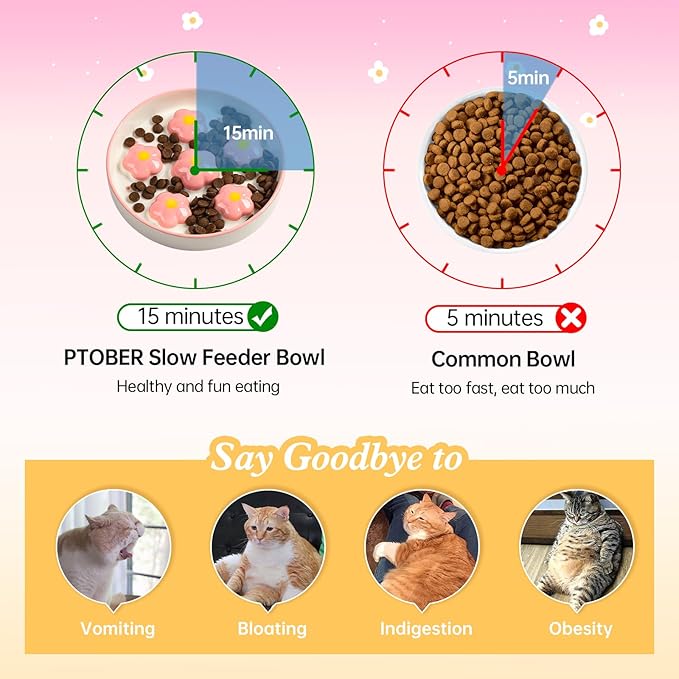 Ceramic Slow Feeder Cat Bowl, 6.3" Whisker Friendly Anti-Vomit, Blush | Shallow Cat Puzzle Feeder, Slow Eating 3x, Dry & Wet Food, Cute Flower-Shaped Maze, Microwave & Dishwasher Safe, 6.3" X 1.2"