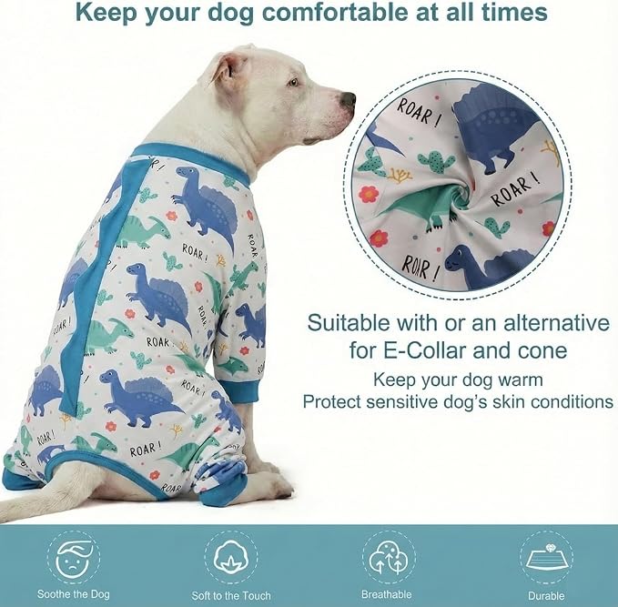 LovinPet Large Dog Pajamas, Four-Leg Stretch Onesie Bodysuit, Lightweight UV-Shielding Pajamas, Anti-Lick Calming Recovery Suit for Surgery, Pull-On for Medium and Large Breeds,White Blue,3XL