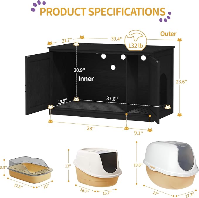 Hzuaneri Cat Litter Box Enclosure, Hidden Litter Box Furniture with Divider | Wooden Cat Cabinet with Removable Dividers, Reversible Entrance Left or Right Side, Cat Washroom, Black CB84704X