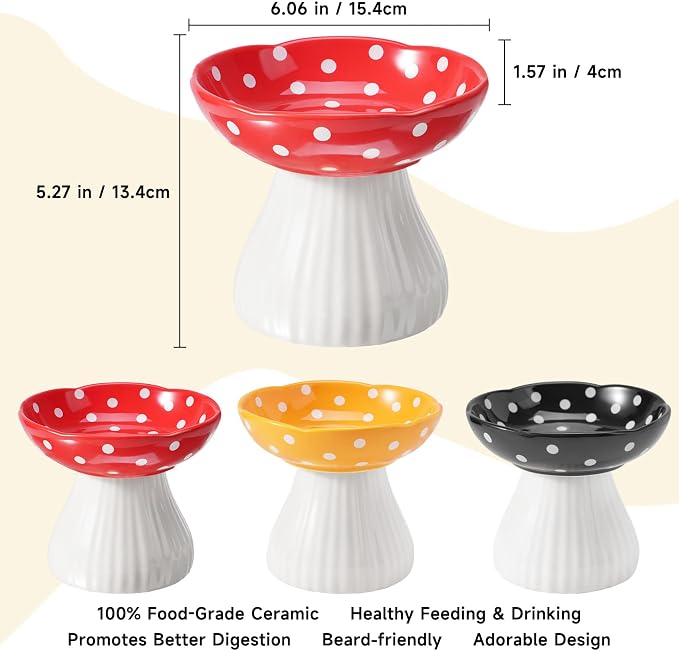 Mushroom Cat Bowl,Whisker Fatigue Cat Bowl,Cute Cat Bowls,Elevated Cat Food Bowl, Lead & Cadmium Free Ceramic Cat Bowls for Food and Water. (Red+Black)