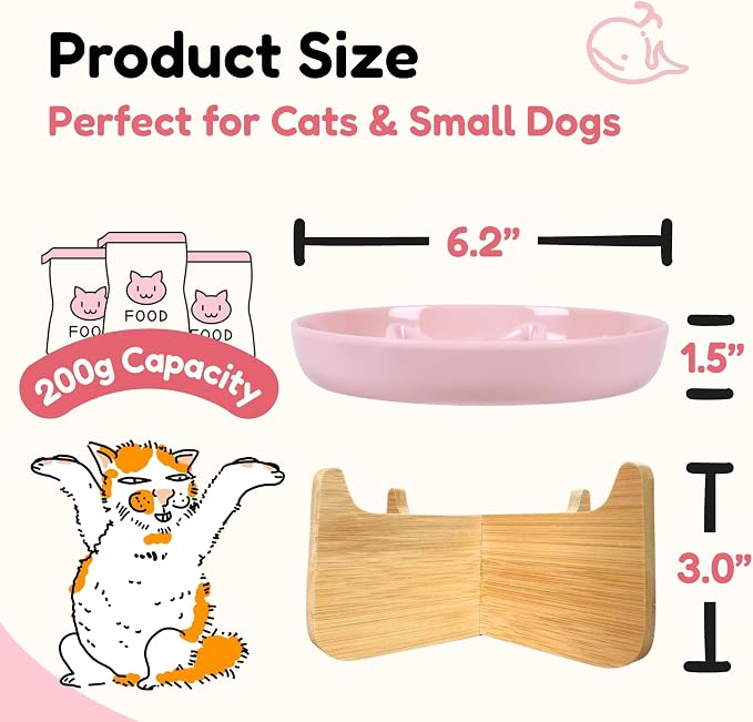 Slow Feeder Cat Bowl with Stand, Melamine Elevated Cat Food Bowl, Whisker Friendly Raised Puzzle Feeder for Cats & Small Dogs, Wet & Dry Food, Dishwasher Safe, Non-Slip (Pink)