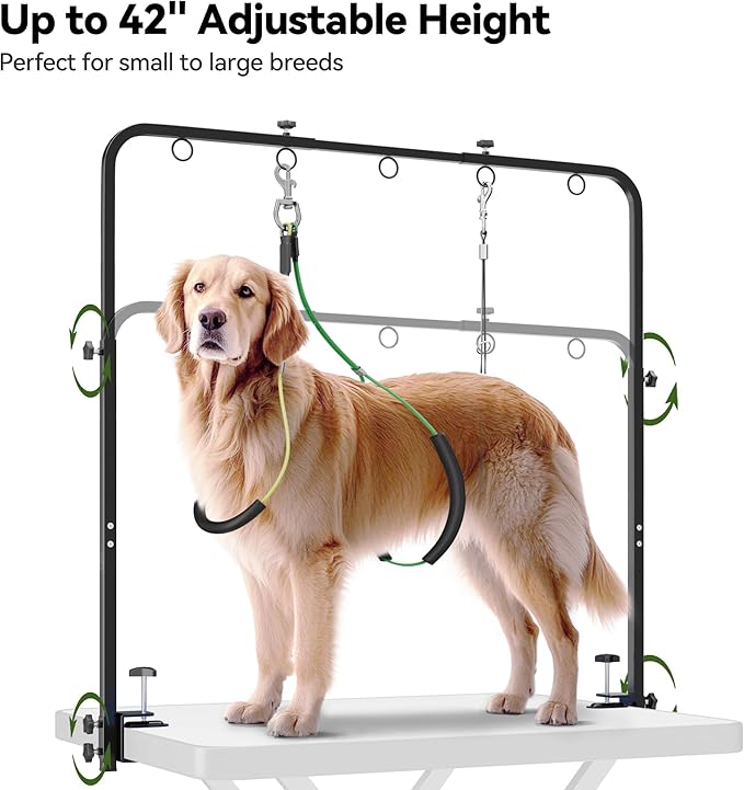 Dog Grooming Arm for Table, 42" H, 27-39" W with Hammock & 2 No-Sit Loops | Adujustable, Heavy Duty, Portable Pet Grooming Station with clamp for Nail Trimming, Cats & Dogs at Home