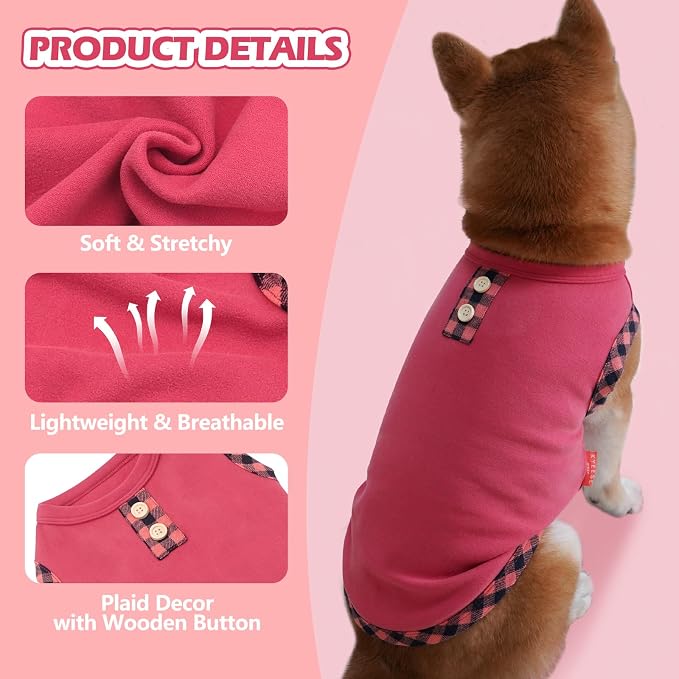 KYEESE Dog Shirt (2Pack Grey+Pink, Large) - Stretchy Velvet Pullover Vest, Lightweight Fleece, Sleeveless, Plaid Binding, Button Decoration, Breathable, Comfortable, for Small Dogs