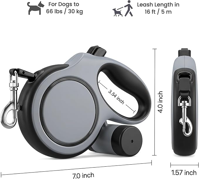 16ft Retractable Dog Leash for Medium Dogs up to 66 lbs, Gray | Heavy-duty nylon tape, tangle-free 360 for medium dogs up to 66 lbs. Built-in waste bag dispenser, one-hand brake & lock.