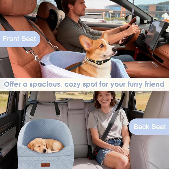 Vivifying Dog Car Seat for Small & Medium Dogs, Detachable & Washable Booster Seat for Pets Up to 25lbs, Travel Bed with Storage Pockets and Safety Belt – Gray
