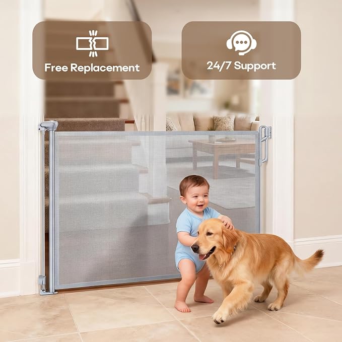 SPACEANY Retractable Safety Baby Gate or Mesh Dog Gate,Durable Portable Mesh Retractable Gate,Easy to Use for Stairs, Doorways, Hallways, Indoor, Outdoor, 33.5" Tall, Up to 45" Wide, Gray