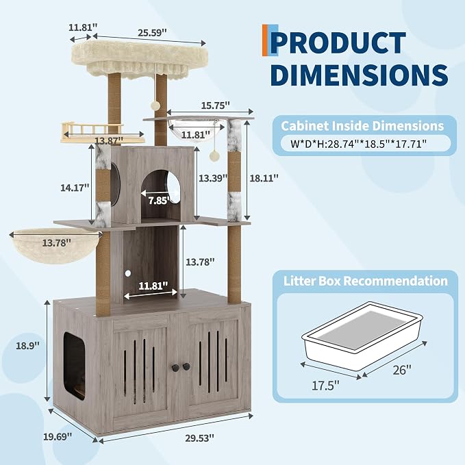 Cat Tree with Litter Box Enclosure, Multi-Level Cat Tower with Hidden Litter Box Furniture, Large Plush Top Perch, Sisal Scratching Posts, Cat Condo & Hammock for Indoor Cats, Living Room,Grey