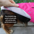 DJANGO Dog Jacket & Raincoat – Lightweight Water-Resistant Coat for Small, Medium & Long Dogs Like Dachshunds – Reflective, Adjustable Fit, Harness-Compatible & Easy-Access Harness Hole - Pink, Large