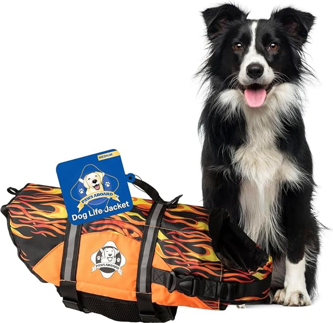 Dog Life Jacket — Premium Swim Vest with SafeChin Anti-Choke Collar | PAWS Aboard Racing Flames | RapidLift Rescue Handle, D-Ring, Reflective Trim | Boating, Kayaking, Pool | Medium (25–50 lbs)