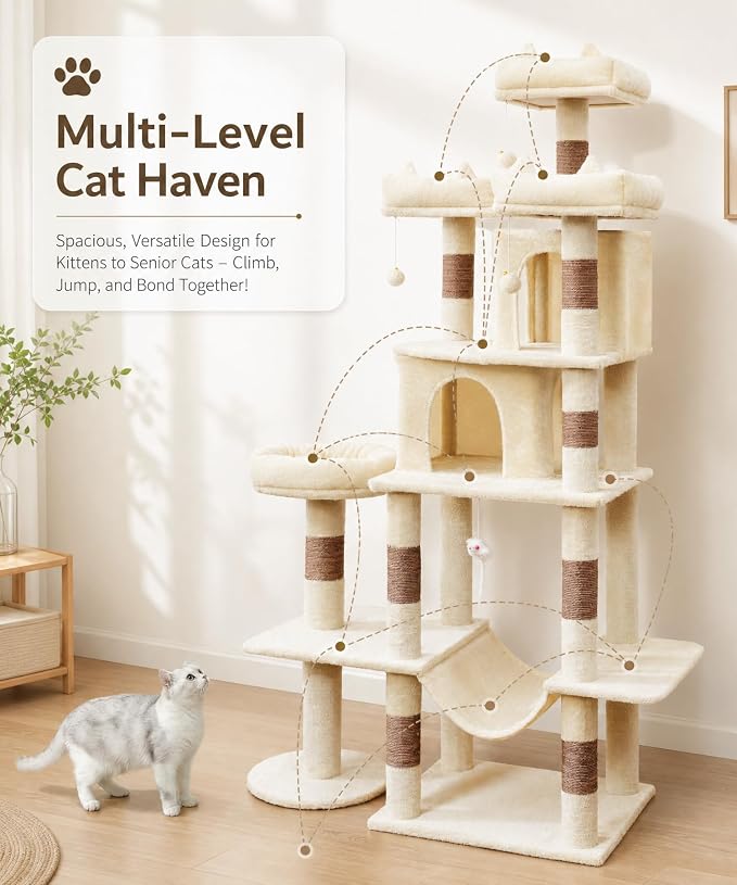 71 Inch Cat Trees for Large Cats, Heavy Duty Cat Tree Tower | Cat Condos for Indoor Cats Large Adult with Cat Scratching Post & 2 Condos, 9 Sisal Posts & Hammock, Beige
