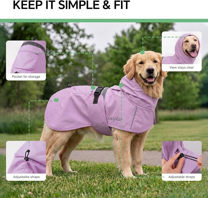 Luciphia Dog Raincoat, Adjustable Hooded Reflective Jacket with Pocket | Purple XX-Large dog rain jacket with leash hole, buckle-on, non-stick fur. For daily walks.