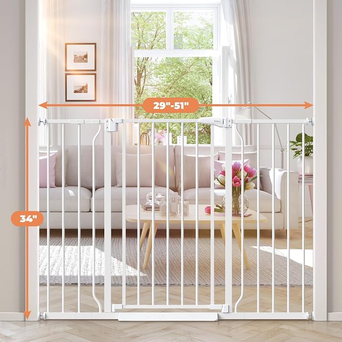 34" Tall Baby Gate No Drilling, Auto Close Dog Gate Indoor, White | for Doorways & Stairs, Pressure Mounted 29"-51" Extra Wide Pet Gate, Easy Walk Through Gate for Baby & Pet Stroller Friendly