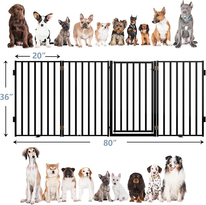 Dog Gate Free Standing with Door for Stairs, 36" Tall Dog Fence Freestanding Indoor Outdoor Use for Doorways, Metal Black 4 Panels, 36 inches High, 20 * 4 Inches w Wide