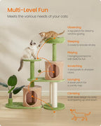 Feandrea Cat Tree, 42.9 Inches Tall Cat Tower, Multi-Level Plush Condo with Artificial Leaves, Scratching Posts, Grass Green and Camel Brown UPCT011C101S