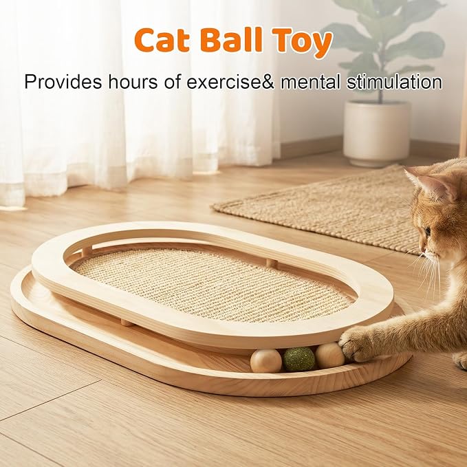 Cat Scratcher, Sisal Scratch Pad with Interactive Ball Track | No Assembly, Natural Sisal, Solid Base, Track with 3 Wooden Balls + 1 Catnip Ball, No Slip Pads, for Cat Exercise Sleep Chase