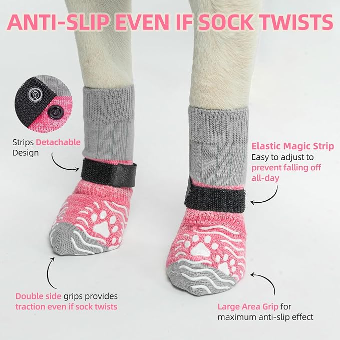 PUPTECK Anti Slip Dog Socks, Shoes with Grippers to Prevent Licking Hardwood Floors Traction, Rubber Boots & Paw Protectors for Small Medium Large Dogs Cold/Hot Pavement, Senior Dogs Booties Pink