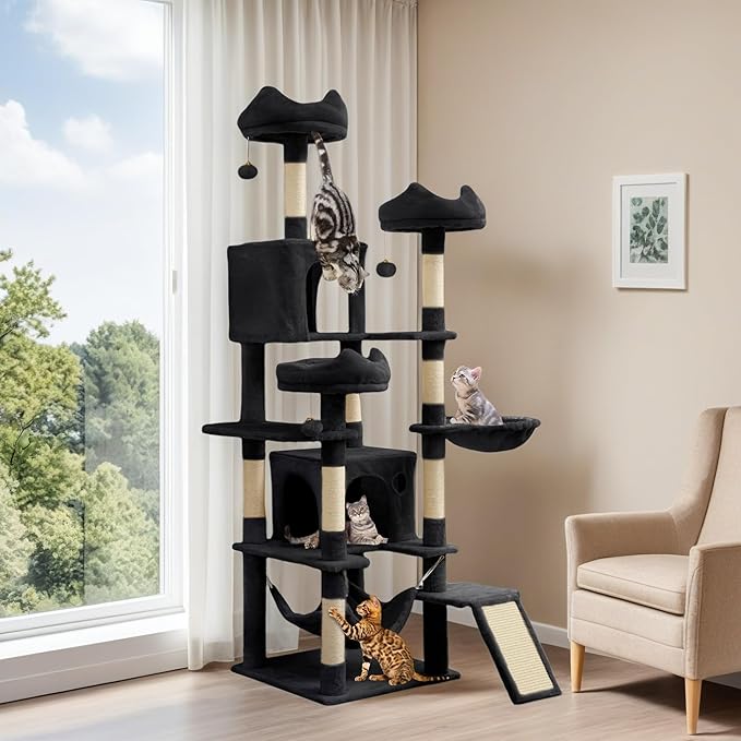 YITAHOME 75-Inch Tall Cat Tree Indoor | Multi-Level Cat Tower with Kitty Condos, Top Perches, Sisal Ramp, Scratching Posts & Cozy Basket Hammocks, Black