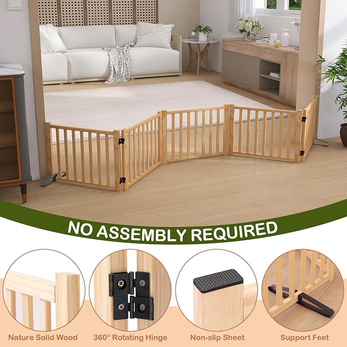 Wooden Freestanding Dog Gate Indoor- 16.9" H 5 Panels | No-Painted Foldable Dog Gates, Portable Doggy Gate for Stairs Doorways Hallways