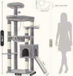 Heybly 64.2" Heavy-Duty Cat Tree for Large Cats with Wide Base HCT027W | Indoor Cat Tower with Scratching Posts & Board, Cat Furniture with Big Platforms, Extra-Large Hammock, Light Gray