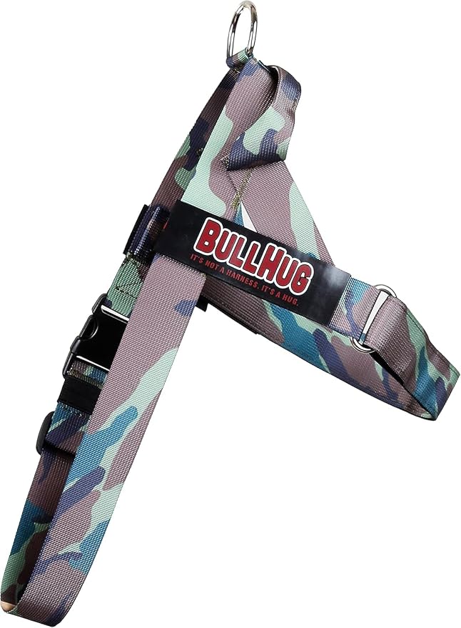 BULLHUG Adjustable Dog Harness– No Pull, No Choke – for English Bulldogs, French Bulldogs, Pugs & Broad-Chested Breeds – Easy, Safe Walks (Army, Large)