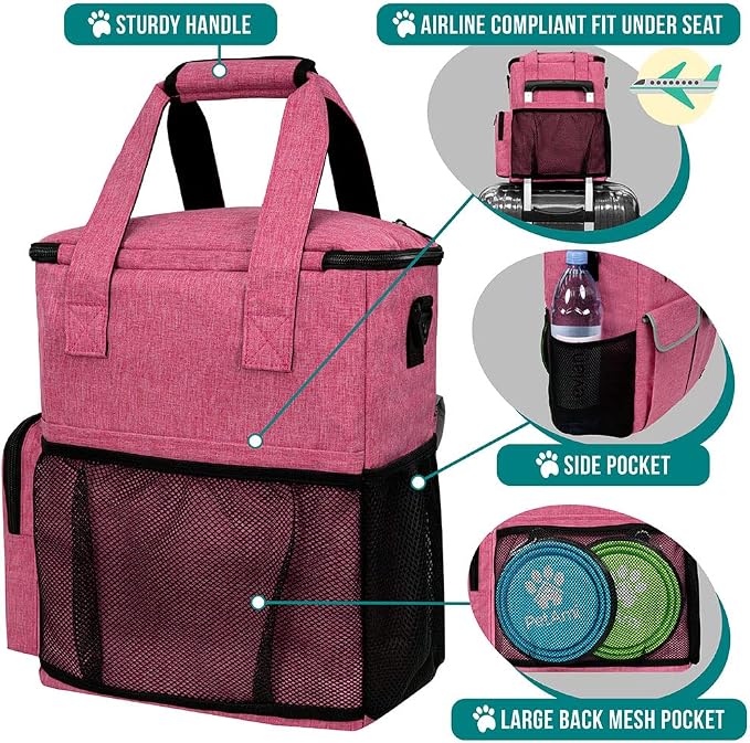 PetAmi Dog Travel Bag Pet Supplies Accessories Organizer for Traveling, Camping, Weekend; Cat Pet Travel Bag Kit Includes 2 Food Storage Containers, 2 Collapsible Bowls, 1 Feeding Mat (Pink)