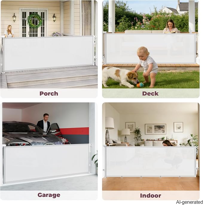 96" Retractable Baby Gate, Long Mesh Dog Gate for Garage Deck Porch | Strong Suction Disc Prevent Crawling Under, 34" Tall Child Safety Gate for Large Openings, Indoor Outdoor Use, White
