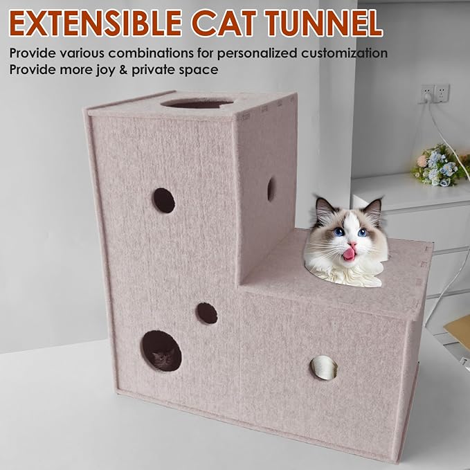 Homegroove Cat Tunnel for Indoor Cats, Felt Cat Play Tunnel, Beige, L-Shape | Felt cat tunnel, interactive peek holes, cat tunnel bed, hide & seek toy, DIY peekaboo cat toy for indoor play