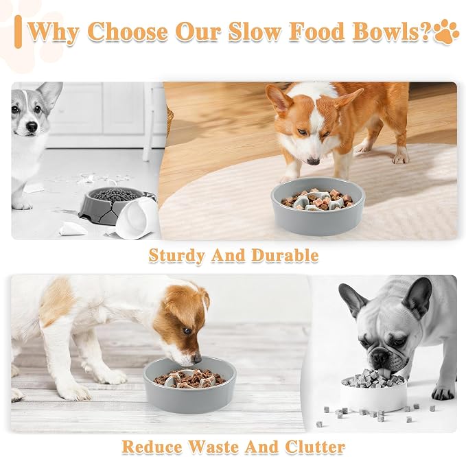Ceramic Slow Feeder Dog Bowls,0.6 Cups Dog Food Dish for Small Breed | Puzzle Dog Food Bowl for Fast Eater, 15OZ, 6.3 inch(Grey)