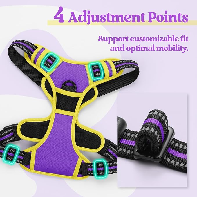 rabbitgoo Dog Harness No Pull with 2 Leash Clips, Adjustable Soft Padded, Reflective Oxford No Choke Pet Vest with Easy Control Handle for Large Dogs, Purple & Yellow, L | No Choke with Handle, Adjustable Soft Padded, Reflective, Easy Control for Walki...