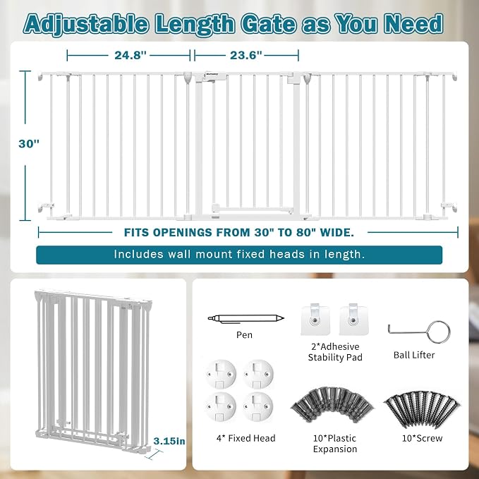 Mumeasy 80" Extra Wide Baby Gate for Doorways & Stairs, Dog Gate Indoor | Hardware Mounted Pet Gate, Auto Close Walk Thru Door, Large Child Safety Fence for Outdoor, Deck, Yard, 3 Metal Panels, White